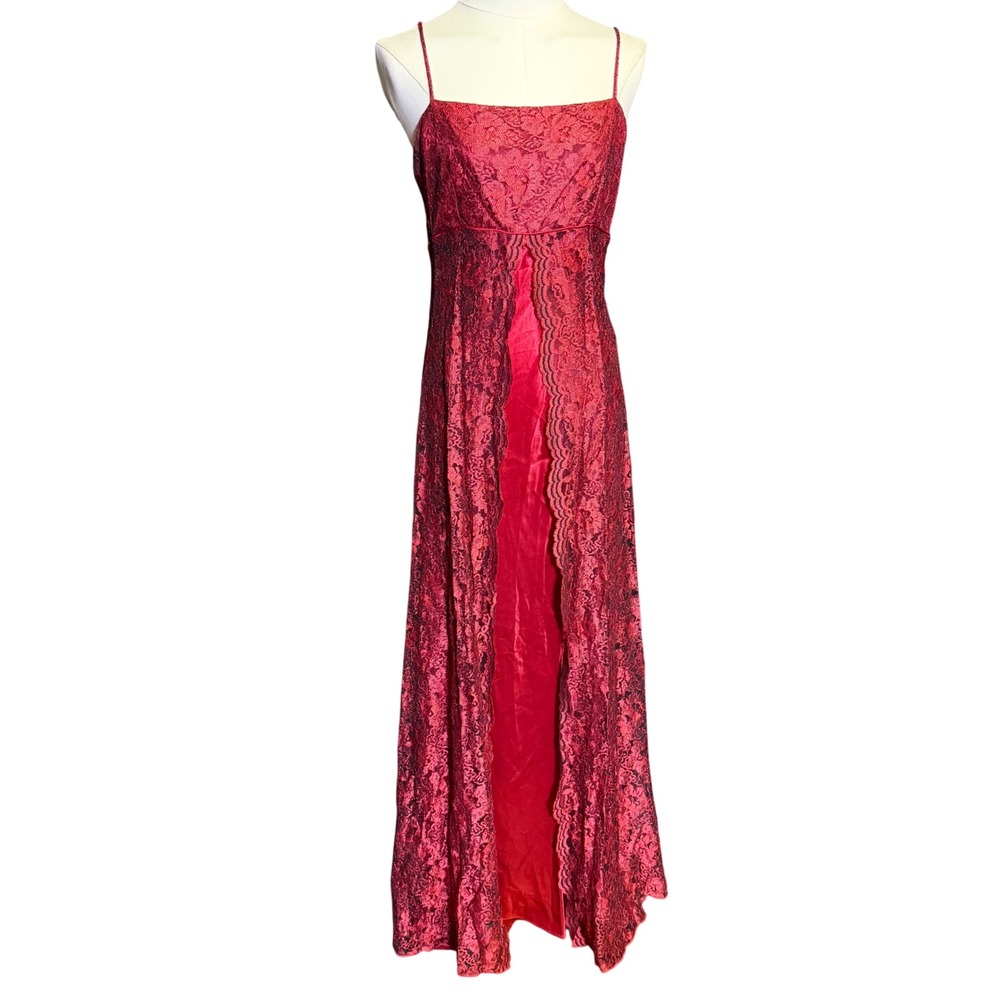 Vintage Y2K Red & Black Lace Slit Front Cami Maxi Dress Size M